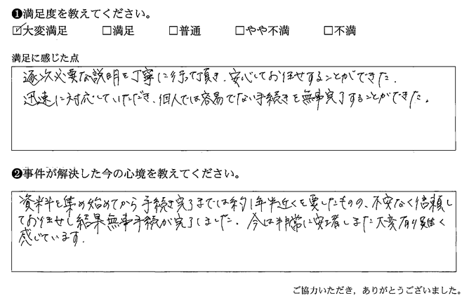 適次必要な説明を丁寧に行なって頂き、安心してお任せすることができた