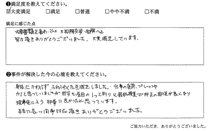 必要書類を集め、まとめ又和解交渉へと努力頂きありがとうございました